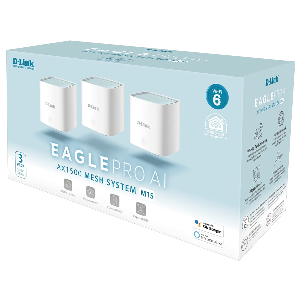 D-Link M15 AX1500 Mesh Wi-Fi 6 System 3-Pack Whole Home Coverage Access Points